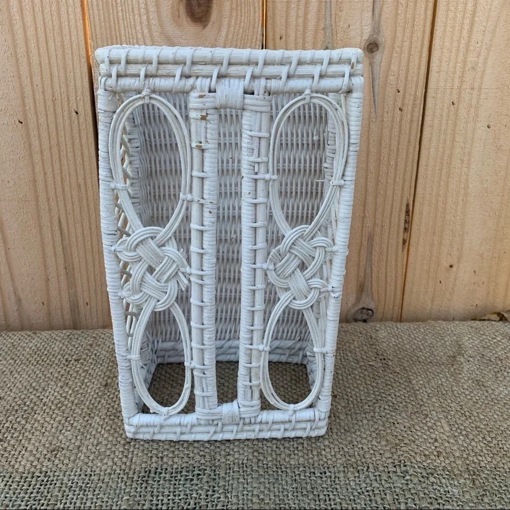 Vintage Wicker Rattan Tissue Holder Box White